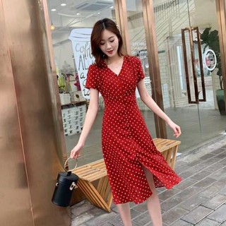 Eva Style🍒กระโปรงยาว เดรสสั้นแขนยาวเเดรสสไตล์โบฮีเมียน ชุดย้อนยุคลายจุดสีแดง เดรสสำหรับใส่ทำงาน ผ้าเบาพริ้ว สวย ใส่สบ