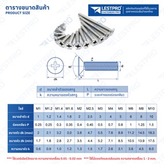 อุปกรณ์ช่าง M2 น็อต สกรู หัวเตเปอร์ แฉก F+ สแตนเลส 304 เกลียวมิล หยาบ GB819 Flat Head Phillip Machine Screw SUS304