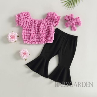 Babygarden- ชุดเสื้อผ้าเด็กผู้หญิง 1-5 ปี, เสื้อคอปก แขนสั้น ยางยืด สีพื้น + กางเกงขาบาน เอวยางยืด + ที่คาดผม