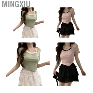 Mingxiu Fake Two Piece Blouse Top  Fake Two Pieces  Blouse Elastic Short Sleeved Curved Hem  for Dating for Female