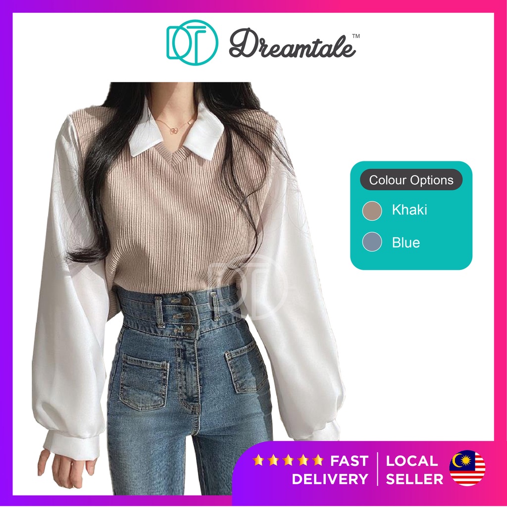 Dreamtale เสื้อสตรีเกาหลีแฟชั่นแขนยาวคอถักเสื้อพัฟแขน Baju Wanita WCO183