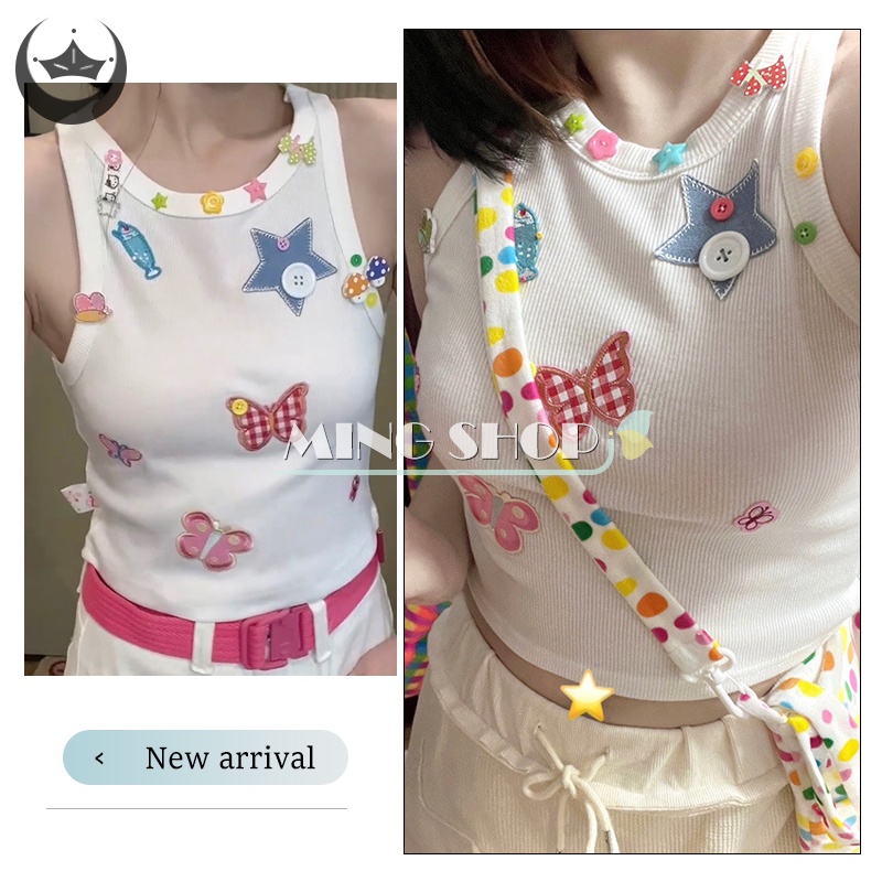 Ming เสื้อครอปท็อป คอกลม แขนกุด ปักลายผีเสื้อ แฟชั่นฤดูร้อน Y2k TH