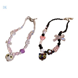 Dk สร้อยคอโชคเกอร์ จี้ลูกปัด รูปนกฮูกหัวใจ สีแคนดี้ สําหรับผู้หญิง