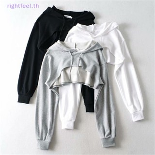 Rightfeel.th เสื้อกันหนาวแขนยาว มีฮู้ด ทรงหลวม แบบสวมหัว โชว์สะดือ สีพื้น แฟชั่นสําหรับผู้หญิง