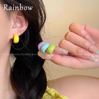 【Rainbow】ต่างหูห่วง ชุบเงิน รูปตัว C สีแคนดี้ สําหรับผู้หญิง 2023