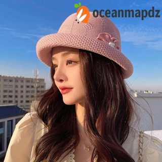 OCEANMAPDZ หมวกบักเก็ต พับได้ เรียบง่าย สีพื้น มุก จีบรอบ ป้องกันแสงแดด สไตล์เกาหลี สําหรับผู้หญิง