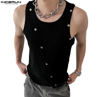 Incerun เสื้อกล้ามลําลอง กระดุมโลหะ สีพื้น