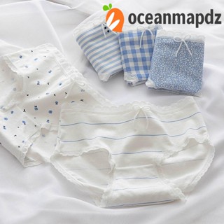 OCEANMAPDZ กางเกงชั้นใน ผ้าฝ้าย ระบายอากาศ พิมพ์ลายลูกไม้ ลายทาง สําหรับผู้หญิง