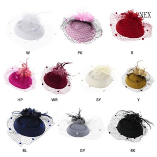 Nex Fascinators หมวกค็อกเทล ประดับขนนก ดอกไม้ สีพื้น พร้อมผ้าคลุมหน้า สําหรับผู้หญิง