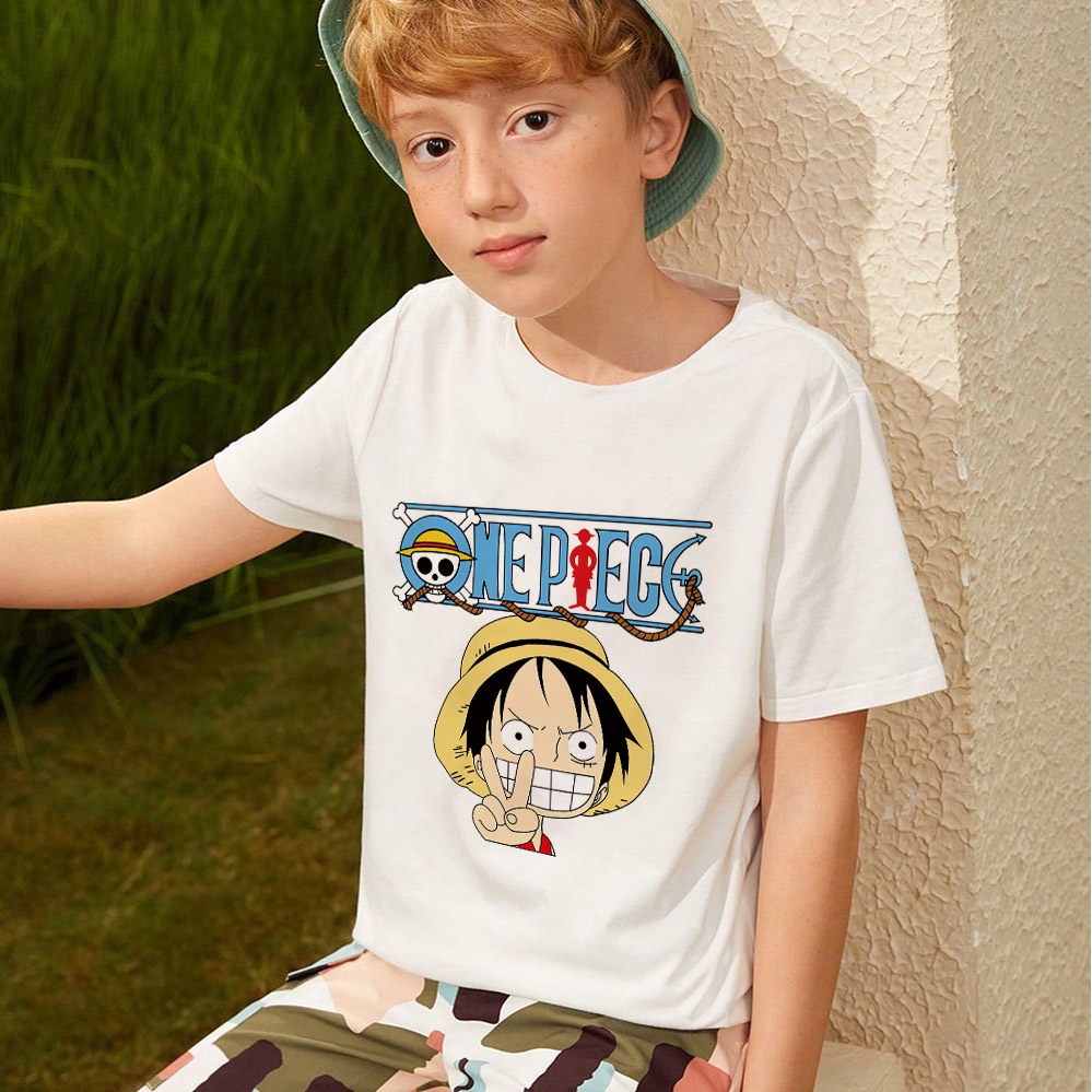 เสื้อยืดลําลอง พิมพ์ลายการ์ตูนลูฟี่ One Piece แฟชั่นฤดูร้อน สําหรับเด็กผู้ชาย และเด็กผู้หญิง