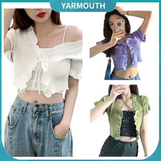 Yyr-- เสื้อคาร์ดิแกน แขนสั้น ผ้าถัก เข้ารูป สีพื้น สไตล์สตรีท สําหรับผู้หญิง