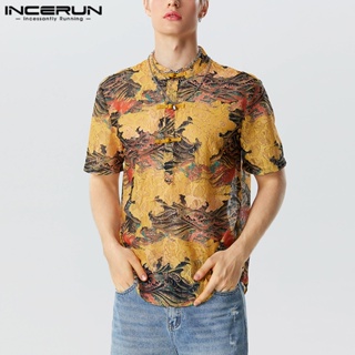 Incerun ใหม่ เสื้อเชิ้ต แขนสั้น พิมพ์ลาย สไตล์จีน สําหรับผู้ชาย