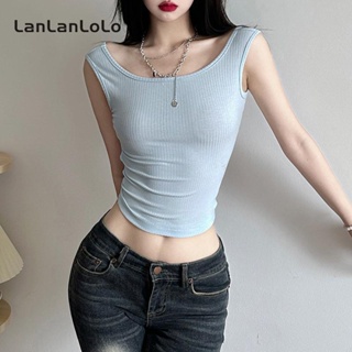 Lanlanlolo เสื้อยืด คอกลม เปิดหลัง ประดับโบว์ สีพื้น แฟชั่นสําหรับผู้หญิง 2023