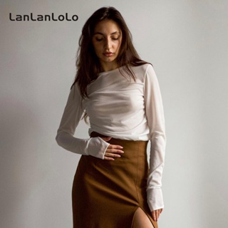 Lanlanlolo เสื้อยืดซีทรู แขนยาว คอกลม ทรงหลวม สีพื้น สําหรับผู้หญิง 2023