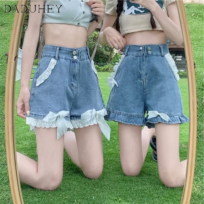 DaDuHey New Korean Style Ins Thin Section Lace Denim Shorts Niche High Waist Wide Leg Pants Hot Pants
