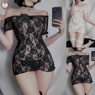 Women Sexy Off Shoulder Lace Lingerie Sheer See Through Sleepwear Short Dress