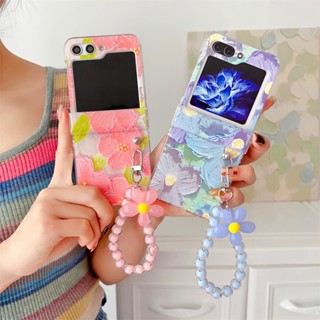 เคสโทรศัพท์มือถือ pc แข็ง กันกระแทก ลายดอกไม้ภาพวาดสีน้ํามัน พร้อมสร้อยข้อมือ สําหรับ Samsung Galaxy Z Flip5 Case Z Flip 5 5G