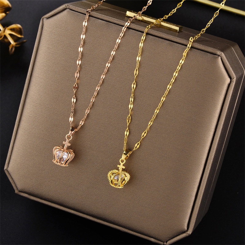 Ht สร้อยคอโซ่เหล็กไทเทเนียม 18K จี้มงกุฎ สีโรสโกลด์ สไตล์เกาหลี ญี่ปุ่น เครื่องประดับ สําหรับผู้หญิง นักเรียน แฟนสาว ของขวัญ