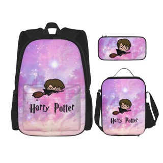 3 in 1 Harry Potter กระเป๋าเป้สะพายหลัง ใส่หนังสือ พร้อมกระเป๋าใส่กล่องอาหารกลางวัน ดินสอ พิมพ์ลาย สําหรับเดินทาง