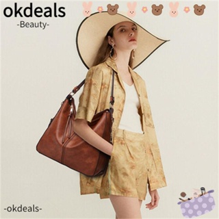 Okdeals กระเป๋าสะพายไหล่ กระเป๋าช้อปปิ้ง หนัง PU สีพื้น ความจุขนาดใหญ่