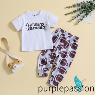 Purplepassion- ชุดเสื้อยืด แขนสั้น พิมพ์ลายตัวอักษร และกางเกงรักบี้ ยืดหยุ่น แฟชั่นฤดูร้อน สําหรับเด็กผู้ชาย 2 ชิ้น