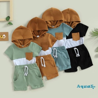 Aqq- ชุดเสื้อแขนสั้น มีฮู้ด และกางเกง สีพื้น สําหรับเด็กผู้ชาย เหมาะกับงานปาร์ตี้