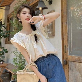 ลิงค์กี้ ✯ เสื้อเชิ้ตจับจีบ ขอบไม้ สีพื้น แฟชั่นสําหรับผู้หญิง