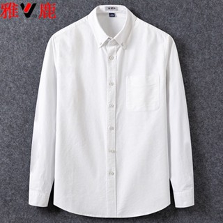 Spot high quality] pure cotton mens shirt mens long-sleeved business leisure Oxford spinning leisure striped plaid slim shirt boys wear