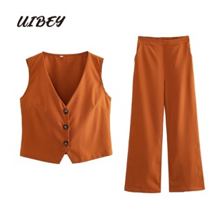 Uibey เสื้อแขนกุด คอวี สีพื้น + กางเกงขากว้าง เอวสูง 4579