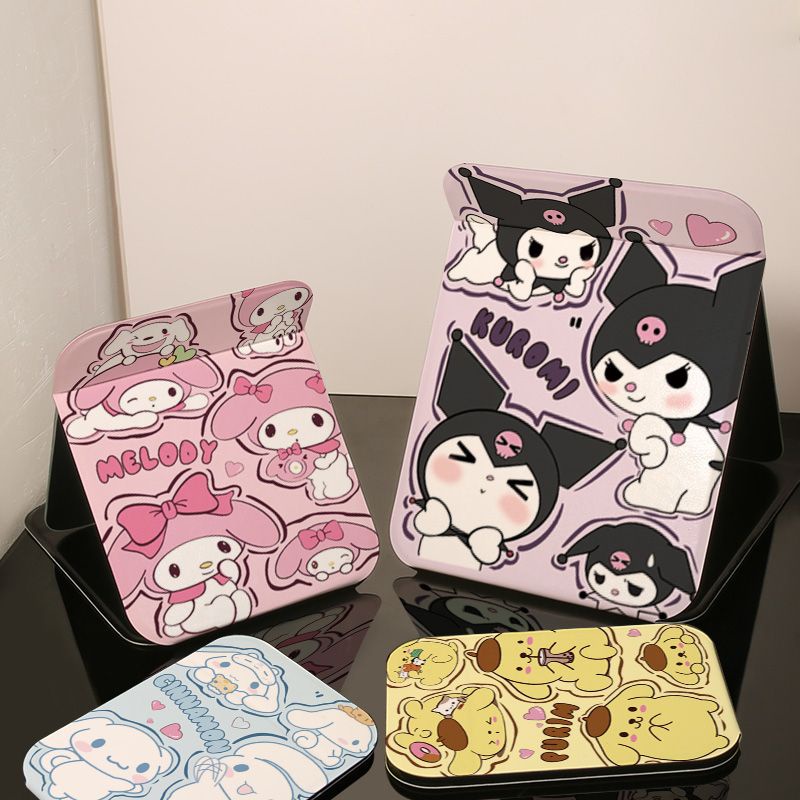 Sanrio Kuromi Cinnamon Dog Melody Pudding Dog กระจกแต่งหน้า แบบพับได้ สําหรับนักเรียนหญิง ตั้งโต๊ะ กระจกแต่งหน้า
