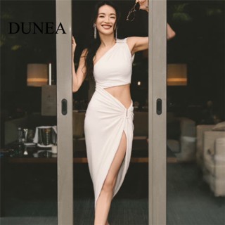 Dunea ชุดเดรส เปิดไหล่ข้างเดียว แต่งจับจีบ สีพื้น แฟชั่นสําหรับผู้หญิง