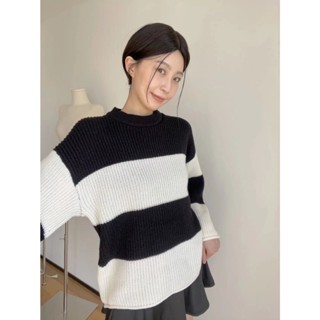 [MIBU]✨สินค้าใหม่ ต่างหู แฟชั่นฤดูใบไม้ร่วง!เสื้อแขนยาวลําลอง เปิดไหล่ ผ้าถัก ลายทาง แบบเรียบง่าย สไตล์เกาหลี