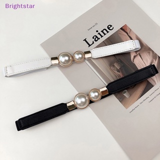 Brightstar เข็มขัดหนัง PU แบบบาง ประดับไข่มุก สีดํา แดง ขาว แฟชั่นสําหรับผู้หญิง