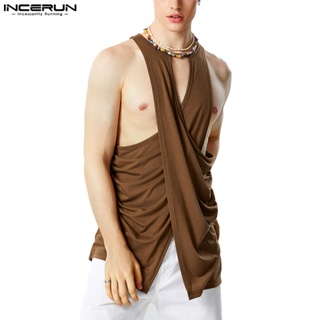 Incerun เสื้อกล้าม สีพื้น สไตล์วินเทจ สําหรับผู้ชาย