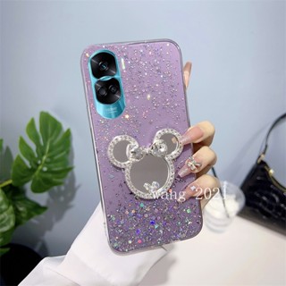 พร้อมส่ง ใหม่ เคสโทรศัพท์มือถือ ซิลิโคนนุ่ม ลายดาว ประดับเลื่อม พร้อมตัวยึดกระจก สําหรับ Honor90 Honor 70 90 Lite 5G 2023 Honor 90 Lite