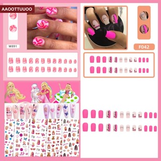 สติกเกอร์เล็บปลอม ลายการ์ตูนบาร์บี้น่ารัก ขนาดกลาง สีชมพู 24 ชิ้น