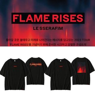 เสื้อยืดลําลอง ผ้าฝ้าย แขนสั้น คอกลม พิมพ์ลาย Kpop LE SSERAFIM TOUR FLAME RISES สําหรับผู้ชาย และผู้หญิง