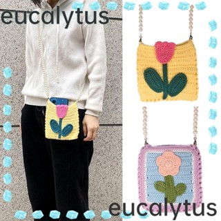 Eucalytus1 กระเป๋าสะพายไหล่ ผ้าถัก ลายดอกไม้ ดอกทิวลิป สําหรับผู้หญิง