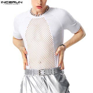 Incerun เสื้อยืดแขนสั้น ผ้าตาข่าย สไตล์วินเทจ สําหรับผู้ชาย