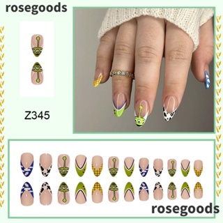 Rosegoods1 เล็บปลอมอัลมอนด์ แบบสั้น สวมเต็มเล็บ แฟชั่นฮาโลวีน สําหรับเด็กผู้หญิง