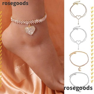 Rosegoods1 สร้อยข้อเท้าโซ่ กลวงออก เท้าเปล่า หรูหรา เครื่องประดับเท้า พลอยเทียม