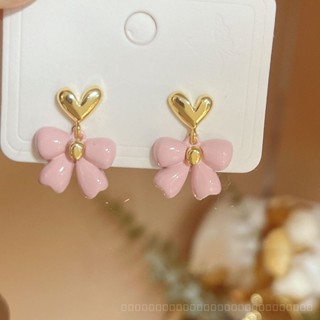 0812-YWFK-EH Sweet Cute Pink Bow Golden Love Heart Earrings Small Refined Grace High Sense Fashion All-Match Stud Earrings 52NI