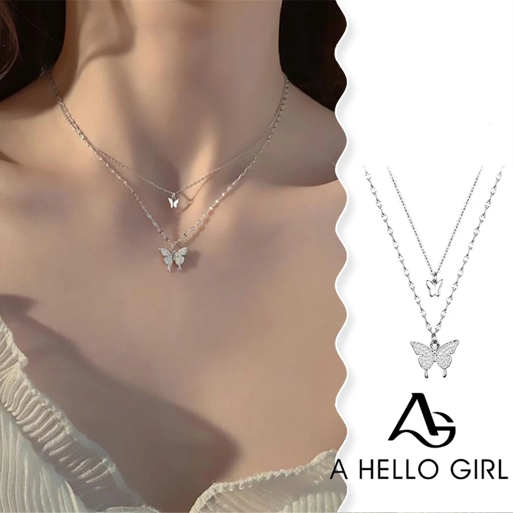A HELLO GIRL สองชั้น ผีเสื้อ สร้อยคอ ผู้หญิง ใหม่ Ins ไหปลาร้า โซ่ หรูหรา จี้สร้อยคอ เครื่องประดับ สาวสวัสดี