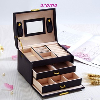 Aroma กล่องโชว์เครื่องประดับ ต่างหู แหวน สร้อยคอ แหวน หนัง PU 3 ชั้น แบบพกพา อเนกประสงค์