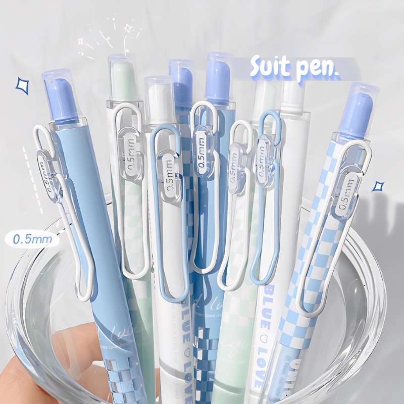 ปากกาเจล ลายตารางหมากรุก หมึกสีดํา 0.5 มม. สีฟ้า และสีขาว สร้างสรรค์ สําหรับสํานักงาน 4 ชิ้น