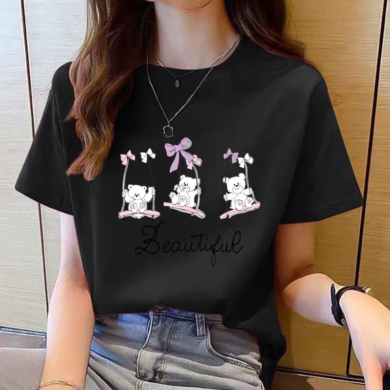 เสื้อยืดคอกลม แขนสั้น พิมพ์ลาย ทรงหลวม สไตล์เกาหลี แฟชั่นสําหรับผู้หญิง - รูปที่ 3