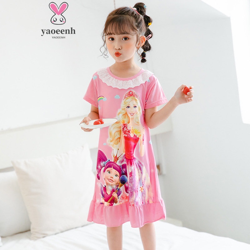 【YAOEENH】90-150 ซม. เด็ก แขนสั้น ชุดนอน กลาง เด็กเล็ก เจ้าหญิง ชุดนอน ชุดบ้าน เด็กผู้หญิง ผ้าฝ้าย ระบายอากาศ ดูดซับเหงื่อ Re
