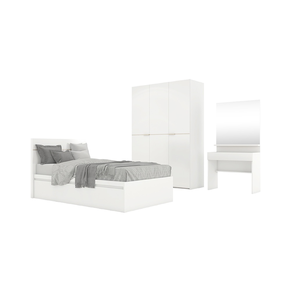 INDEX LIVING MALL ชุดห้องนอน รุ่นบลัง ขนาด 3.5 ฟุต พื้นเตียง 2 ลิ้นชัก (ตู้เสื้อผ้า 3 บาน+โต๊ะเครื่องแป้ง) - สีขาว