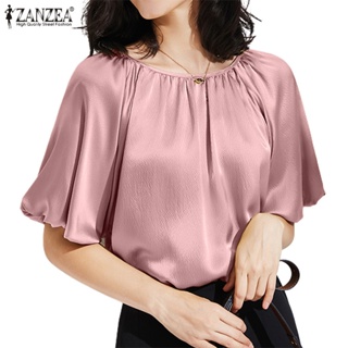 Zanzea เสื้อเบลาส์แขนครึ่ง ผ้าซาติน สีพื้น สไตล์เกาหลี สําหรับผู้หญิง