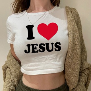 เสื้อครอปท็อป ลาย I love Jesus trashy สไตล์เกาหลี แฟชั่นฮาราจูกุ สําหรับผู้หญิง